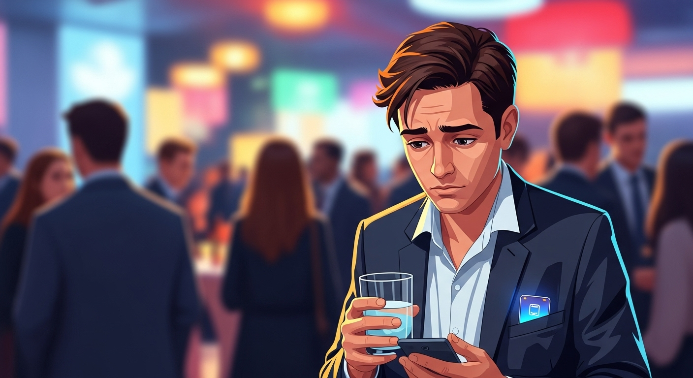 Introverti à un événement social naviguant un champ de mines, son smartphone offre un brise-glace IA pour la connexion soc...