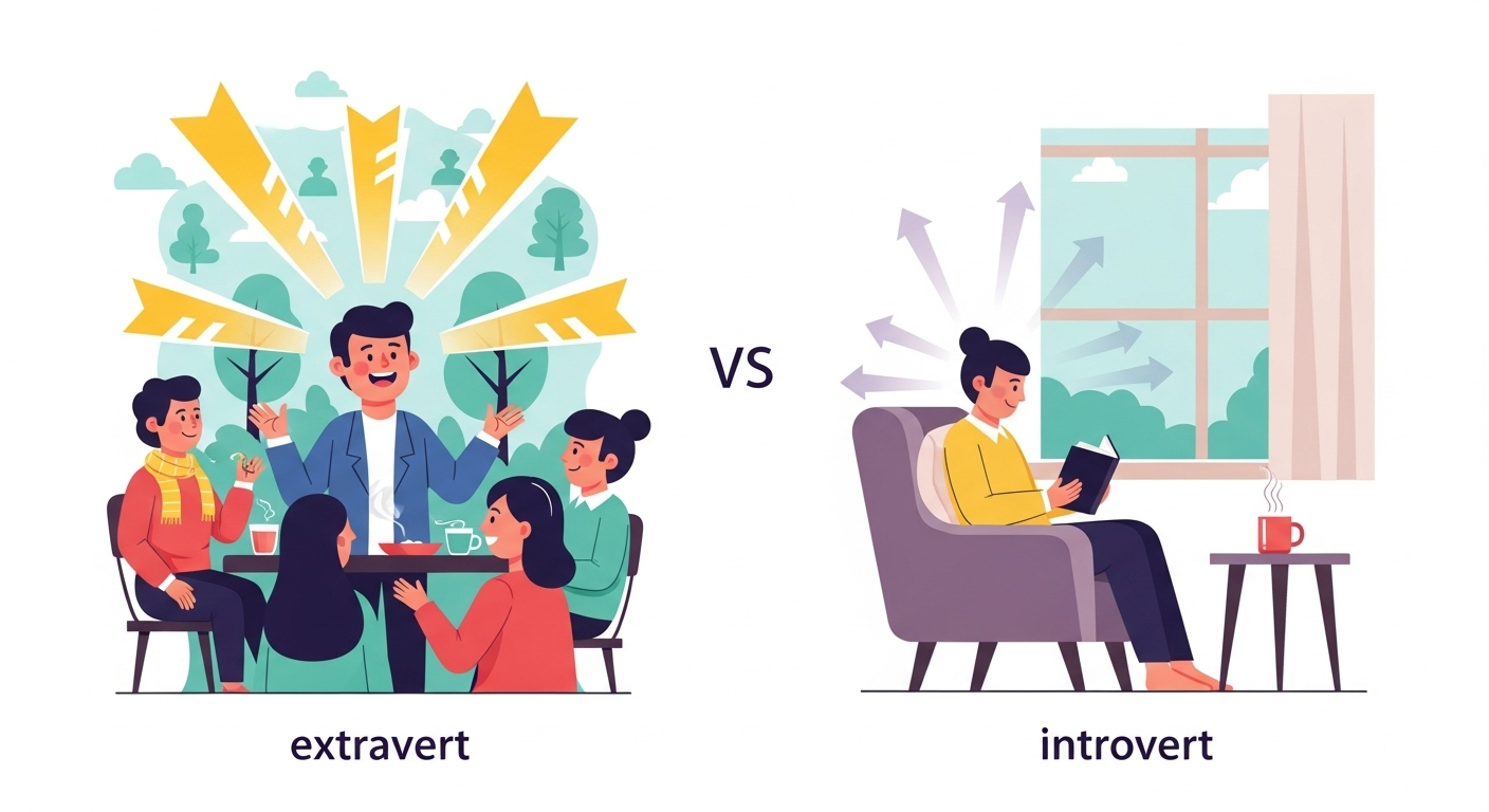 Infographie comparant la recharge dénergie des introvertis et extravertis, soulignant la force de lintroversion sociale.