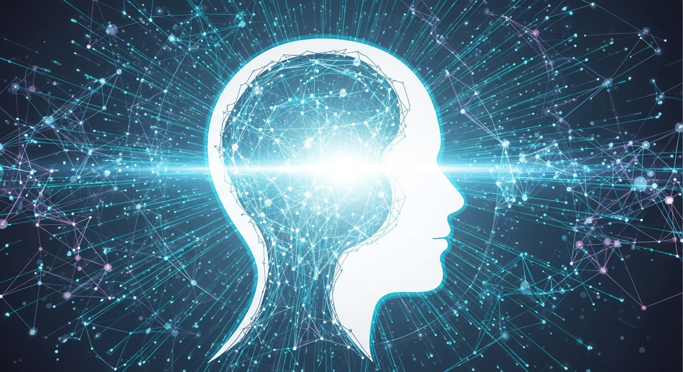 IA abstraite, coach de vie 2.0 pour le développement et la croissance personnelle, symbolisant lévolution humaine en 2024.